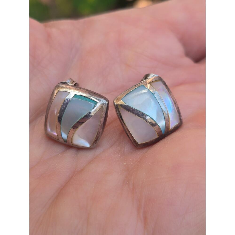 Vintage Sterling Silver & Mother of Pearl Inlay Square Stud Earrings, Modernist
